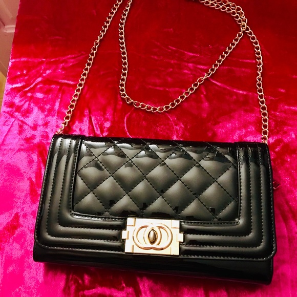 Handbags - Black patent quilted clutch w gold chain handle